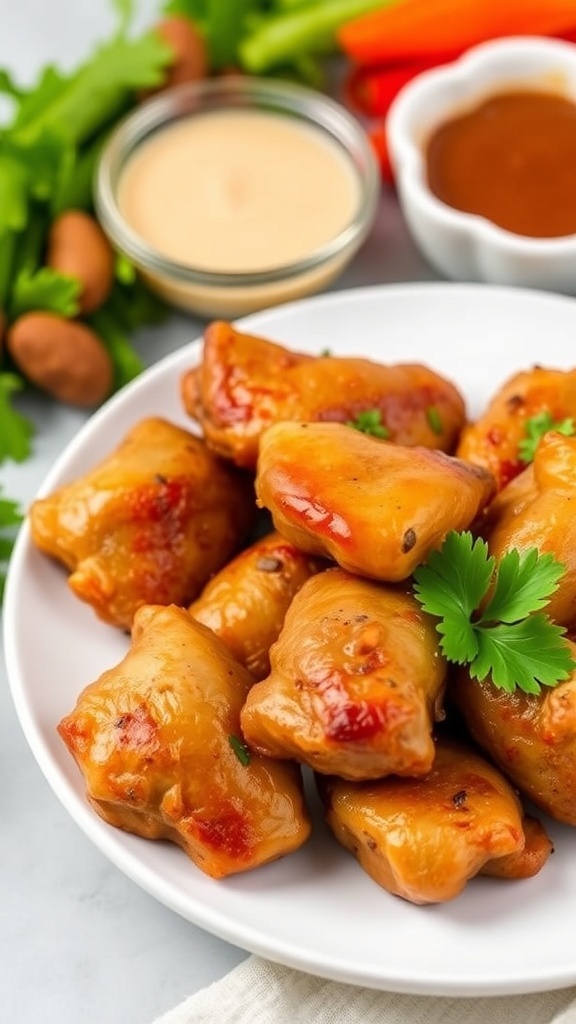 Crispy air fryer chicken livers garnished with parsley on a white plate with dipping sauce and vegetables.